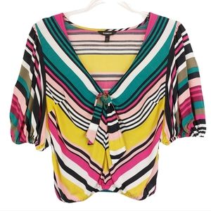 Express Y2K Gauze Knit Striped Asymmetrical Tie Front Blouse Top